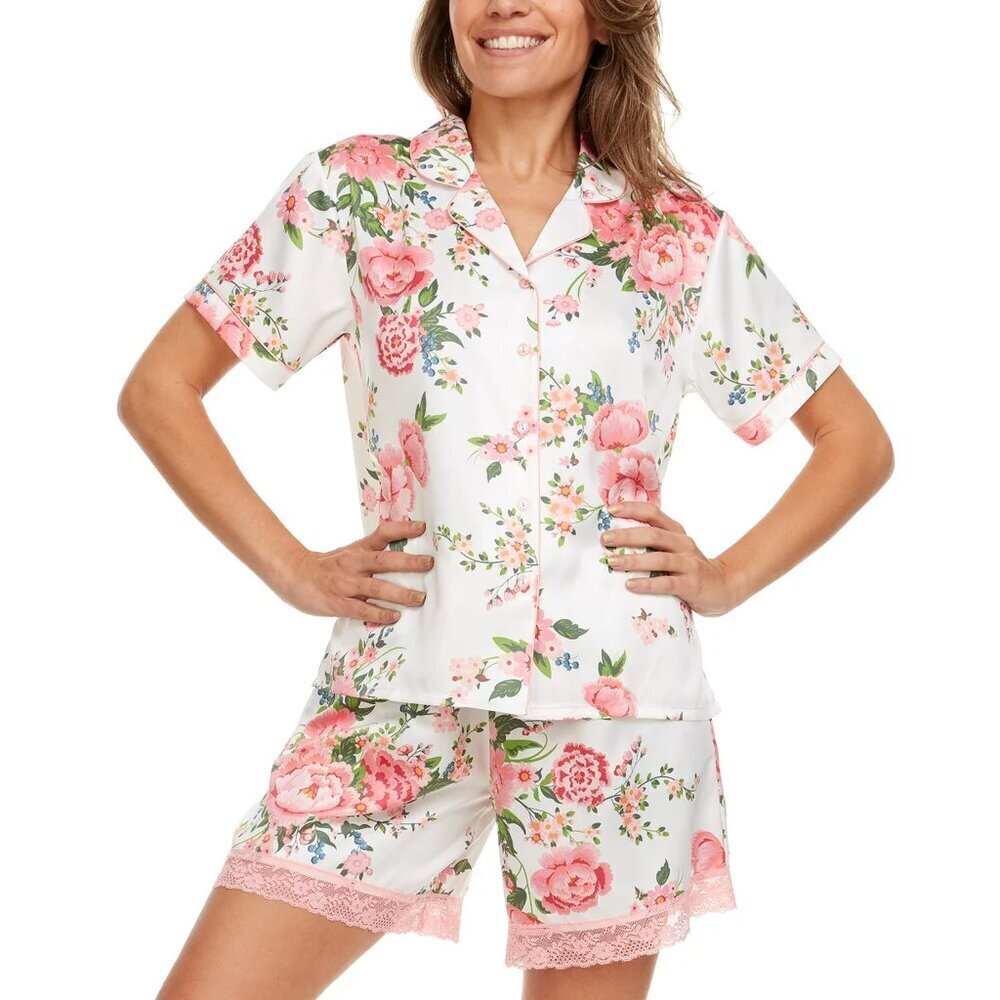 Flora Nikrooz Womens Notch Collar PJ Set Charmeuse Ivory Cream NWT